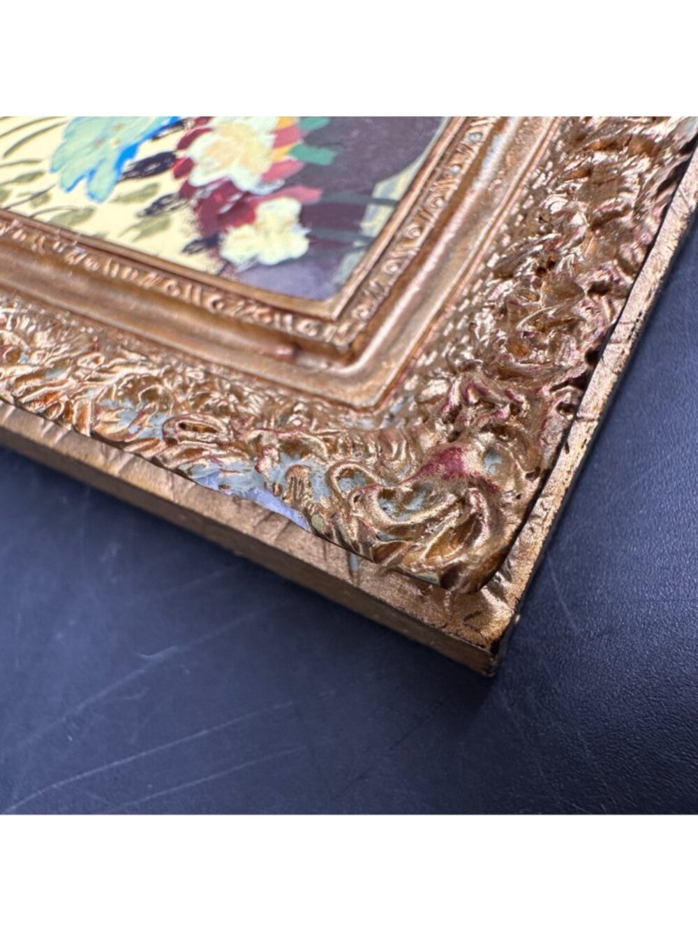 Vintage Miniature Floral Painting Ornate Gold Frame Wall Hanging Blue Flowers - Picture 6 of 10